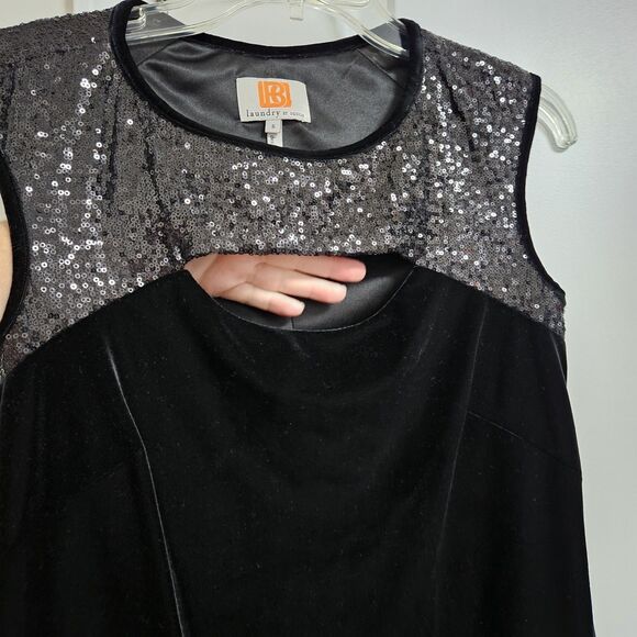 LAUNDRY by Design Velvet Sequin Shift Dress Women’s 6 Black Cut Out Knee Length - Picture 4 of 11